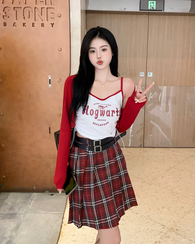 Váy xếp ly kẻ sọc đỏ cỡ lớn dành cho nữ mùa hè, lưng cao, tôn dáng, váy ngắn chữ A phong cách preppy, váy JK chống lộ.