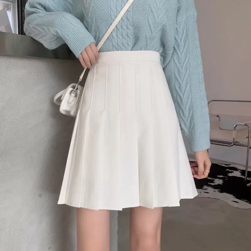 Váy xếp ly màu trắng dành cho nữ, váy dài vừa phải cho mùa xuân hè, cỡ lớn, lưng cao, chống lộ, váy ngắn JK, váy nửa thân thon gọn.