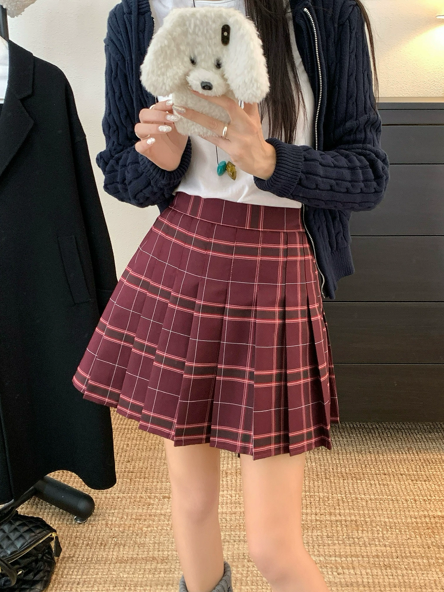 Váy xếp ly kẻ sọc đỏ phong cách đại học dành cho nữ, mùa thu đông, váy kẻ sọc đa năng cỡ lớn JK, váy chữ A lưng cao, váy ngắn thon gọn