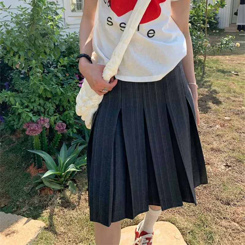 Váy kẻ sọc xám size lớn cho nữ, váy mùa hè cạp cao với thiết kế dáng chữ A thời trang, váy xếp ly tôn dáng phù hợp với vest.