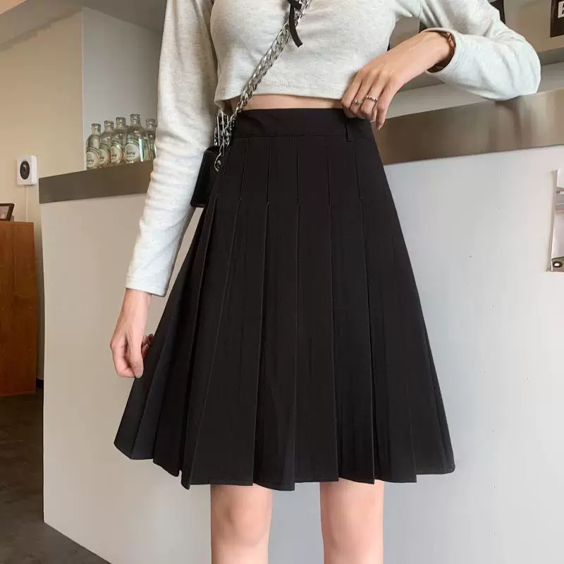 Váy xếp ly màu xám JK cạp cao dành cho nữ, váy midi màu cà phê cỡ lớn mùa thu đông, váy chữ A tôn dáng, váy ngắn màu đen.