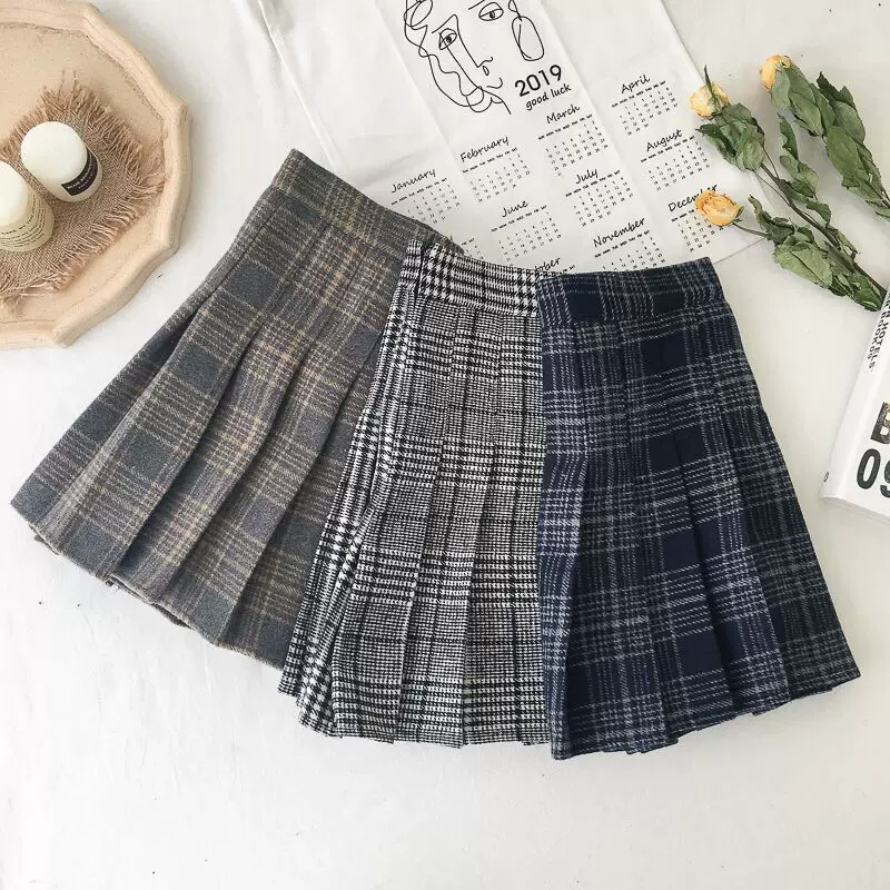 Váy len xếp ly cỡ lớn dành cho nữ, váy ngắn kẻ sọc xám mùa thu đông, lưng cao, phong cách học sinh, váy chữ A chống lộ, váy nửa thân.