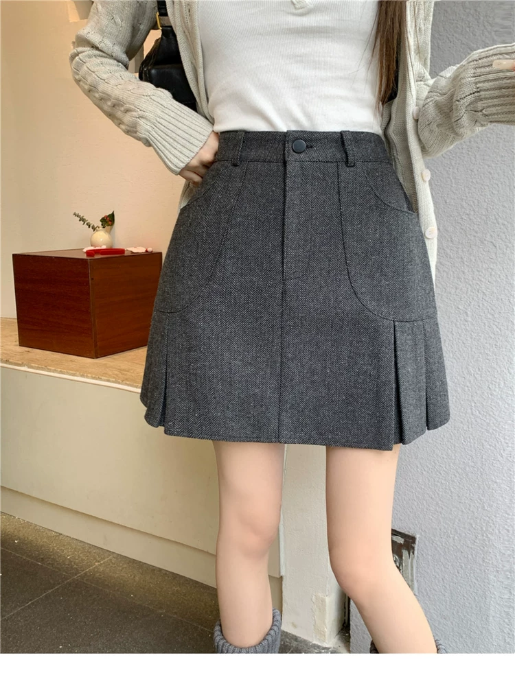 Váy len xếp ly màu xám dành cho nữ, váy nửa thân mùa thu đông, váy cạp cao che hông cỡ lớn, váy ngắn chữ A chống lộ tôn dáng