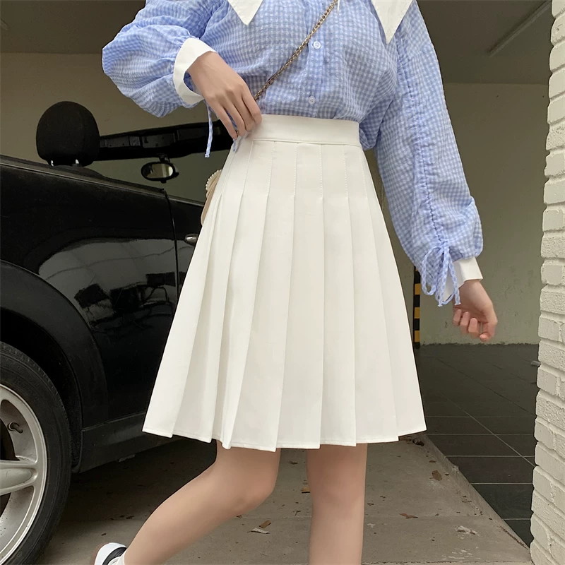 Váy xếp ly màu trắng cỡ lớn dành cho nữ, mùa xuân hè, váy midi chữ A cạp cao, tôn dáng, dáng dài, phong cách preppy, kiểu váy xòe.