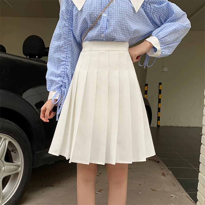 Váy xếp ly màu trắng cỡ lớn dành cho nữ, mùa xuân hè, váy midi chữ A cạp cao, tôn dáng, dáng dài, phong cách preppy, kiểu váy xòe.