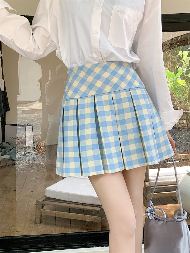 Váy xếp ly kẻ sọc xanh kiểu Mỹ dành cho nữ, cỡ lớn, váy chữ A cạp cao, phong cách đại học mùa hè, váy ngắn kẻ sọc chống lộ