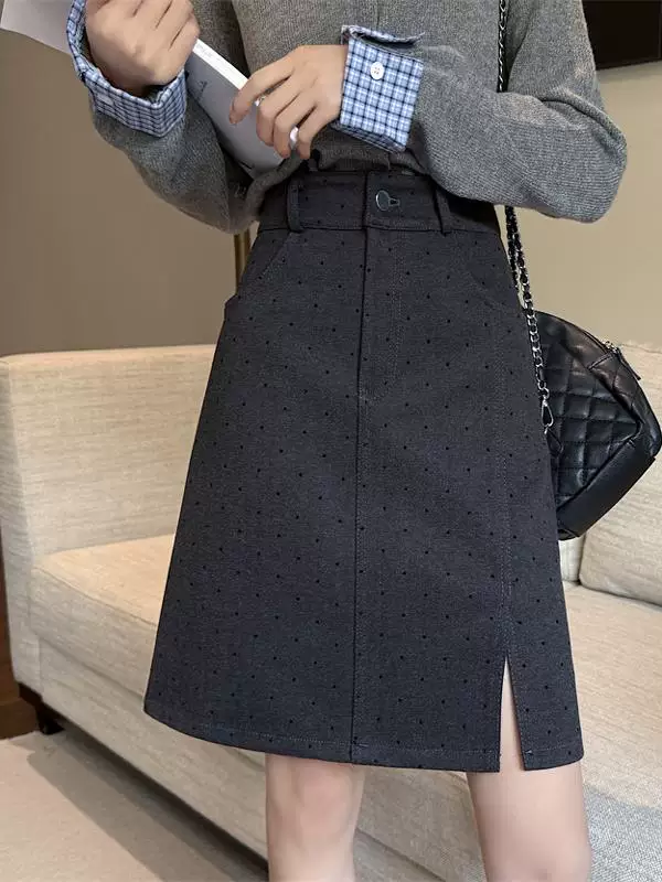 Váy len xẻ tà màu xám chấm bi cỡ lớn dành cho nữ, mùa thu đông, váy chữ A che hông, váy midi định hình cơ thể cho người béo mm