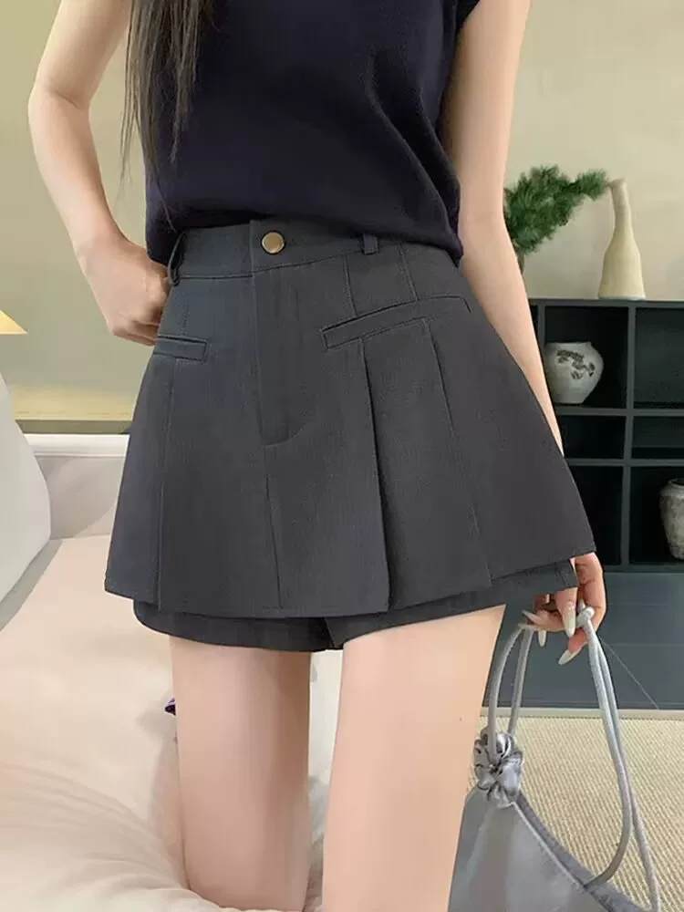 Quần váy xếp ly màu xám dành cho nữ, quần váy không đều mùa hè, cỡ lớn, eo cao, giảm béo, váy ngắn chữ A chống lộ