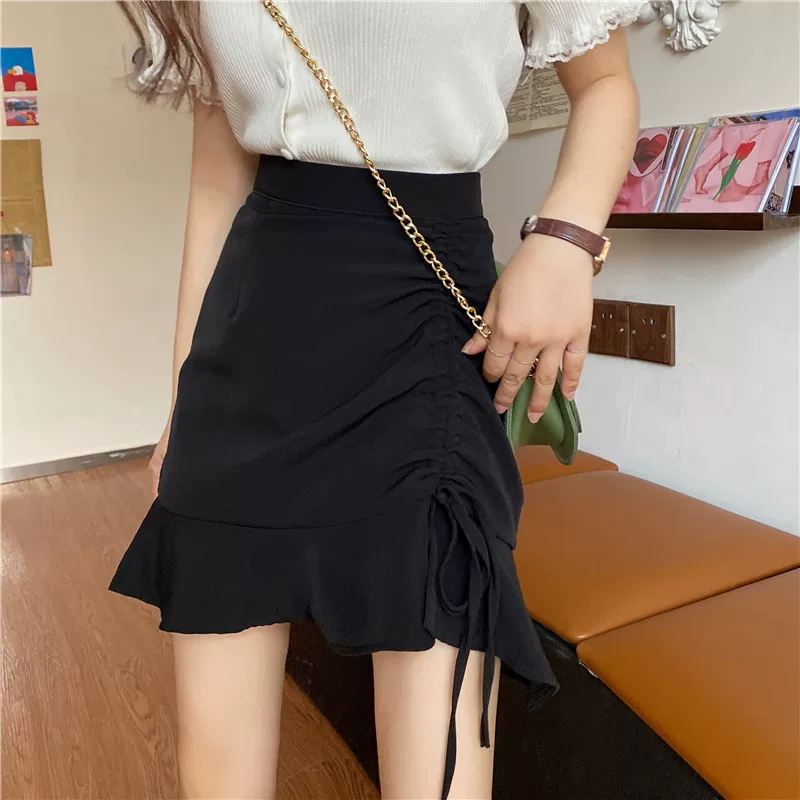 Váy cạp cao dáng bất quy tắc kiểu mới mùa hè che bụng, size lớn cho phụ nữ mũm mĩm, váy chữ A thon gọn có dây rút, quần váy ngắn cho nữ.