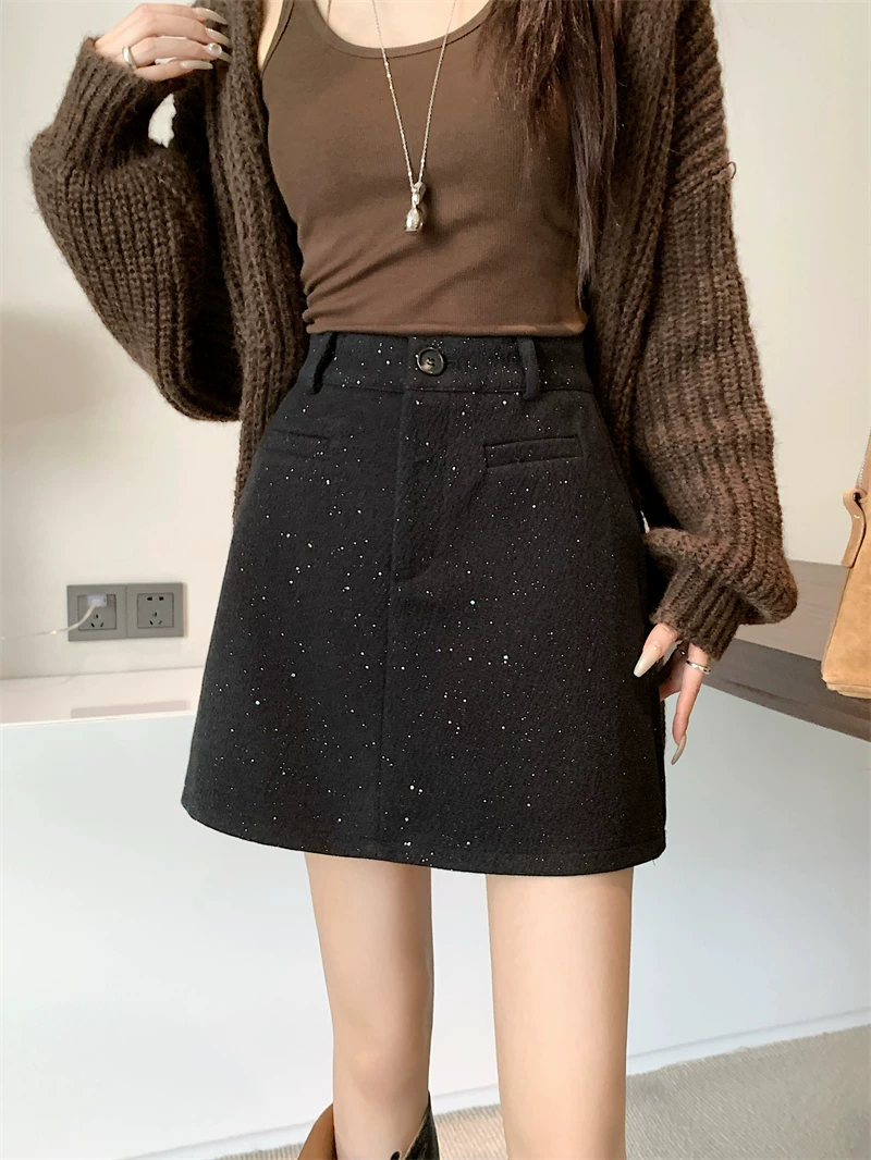 Váy len bóng mượt, váy ôm hông cao eo, size lớn dành cho nữ mùa thu đông, váy ngắn chữ A đính sequin kiểu Chanel