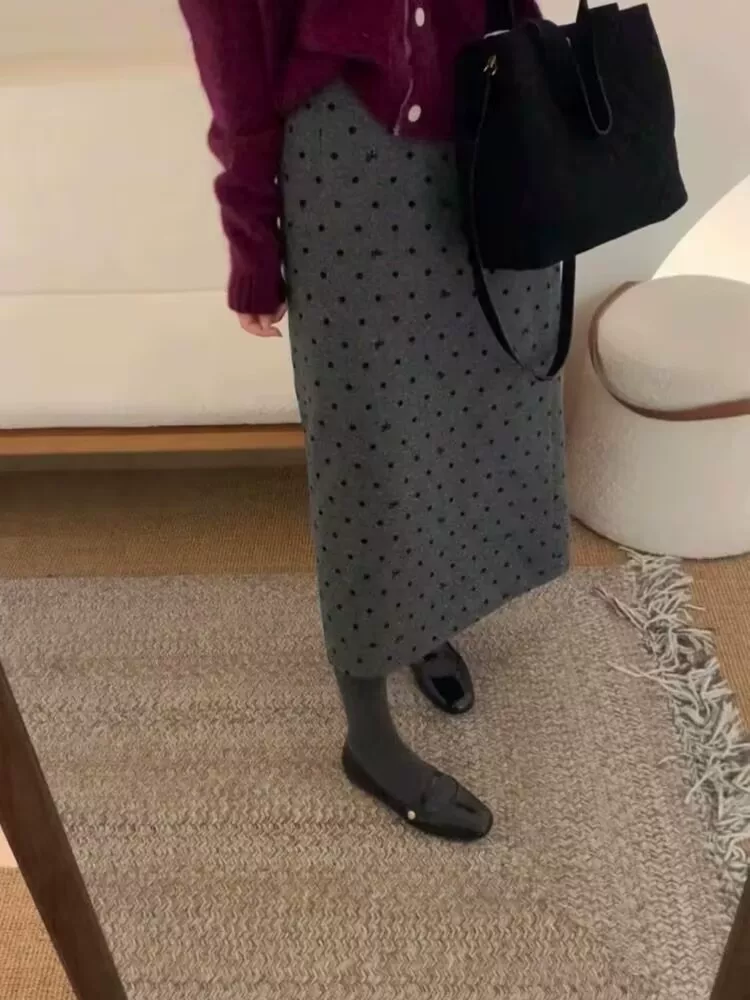Váy len chấm bi màu xám cỡ lớn dành cho nữ mùa thu đông, lưng cao, tạo vẻ thon gọn, váy thẳng xẻ lưng, váy chữ A dài vừa phải