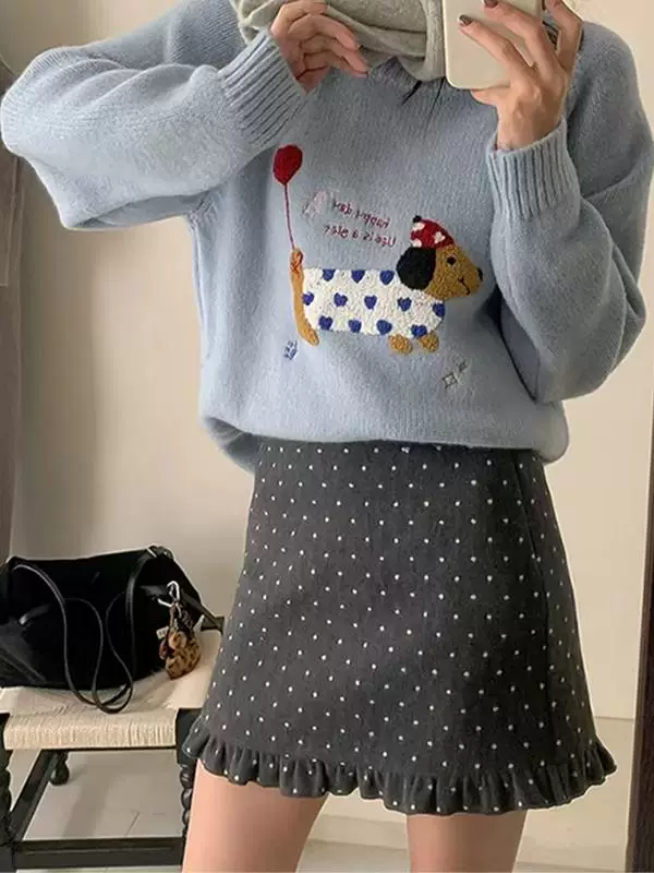 Váy len chấm bi màu xám dành cho nữ, cỡ lớn, mùa thu đông, váy bút chì chữ A lưng cao, chống lộ, váy ngắn dày dặn, giảm béo.