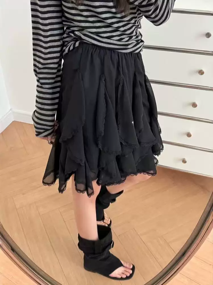 Váy ren viền không đều kiểu Pháp cỡ lớn dành cho nữ, váy chữ A xếp tầng eo cao tôn dáng mùa hè dành cho phụ nữ có đường cong, váy midi che hông.