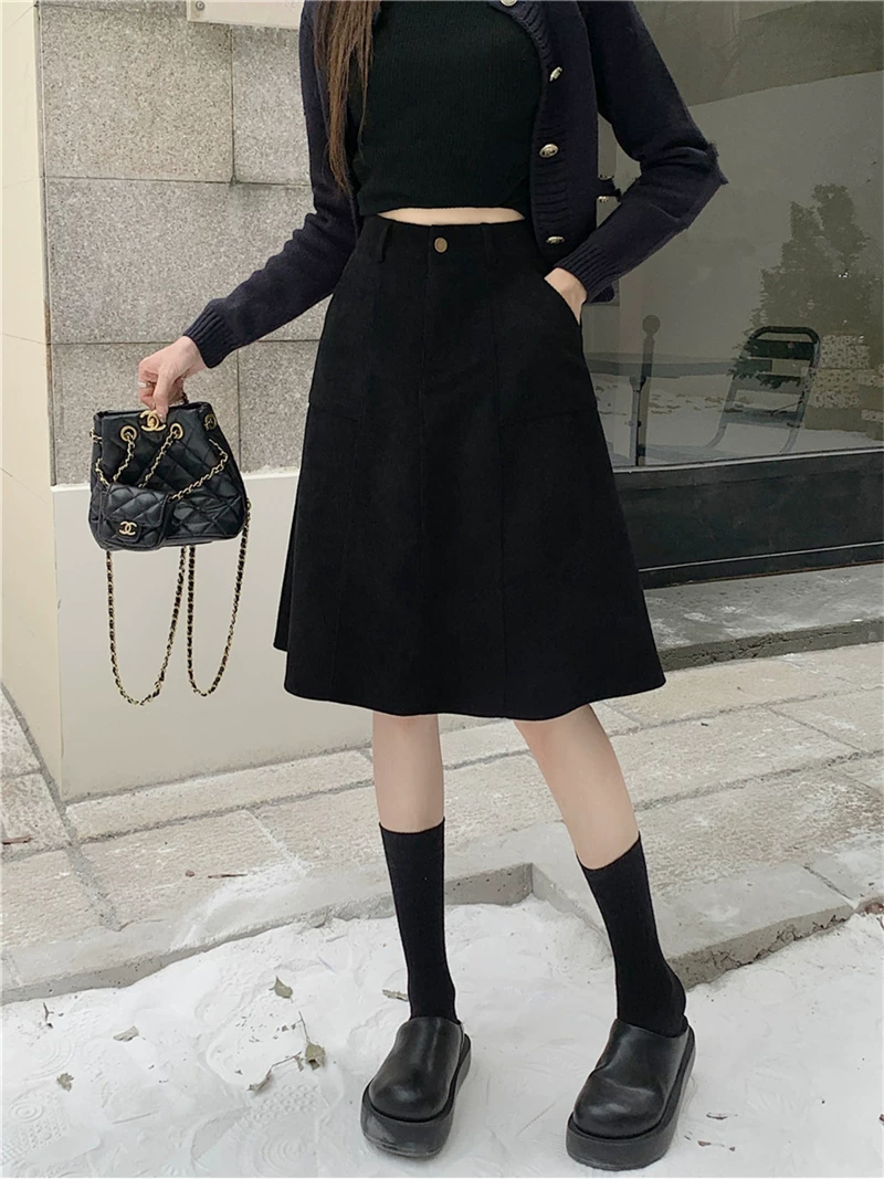 Váy midi nữ cỡ lớn, kiểu dáng mới thu đông, cạp cao, thon gọn, che bụng, dáng chữ A, ôm hông, váy ngắn bằng vải nhung.