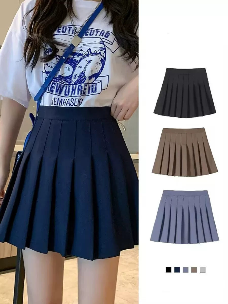 Váy xếp ly màu xanh đậm cỡ lớn dành cho nữ, mùa xuân hè, váy chữ A cạp cao, thon gọn, chống lộ, váy nửa thân màu trắng dành cho phụ nữ mũm mĩm, váy ngắn.