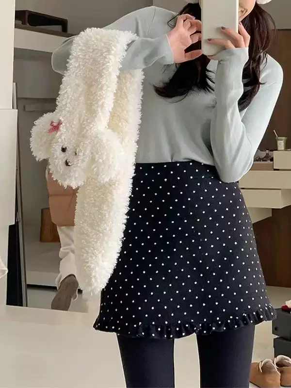 Váy len chấm bi màu xám dành cho nữ, cỡ lớn, mùa thu đông, váy bút chì chữ A lưng cao, chống lộ, váy ngắn dày dặn, giảm béo.