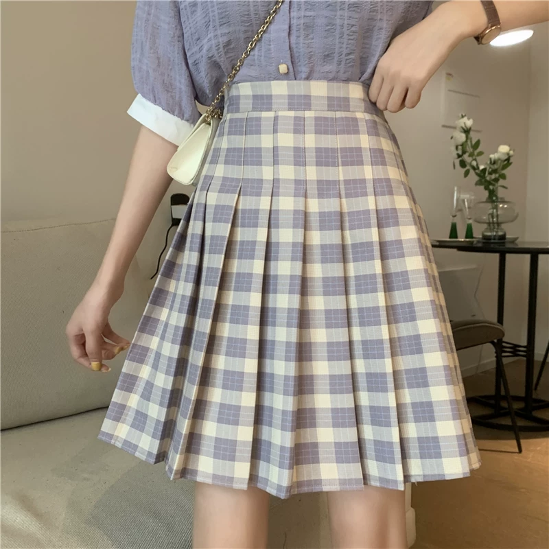 Váy xếp ly kẻ sọc cỡ lớn dành cho nữ, mùa hè, lưng cao, thon gọn, dáng chữ A, dài vừa phải, phong cách preppy, váy nửa dài, váy kiểu BM.