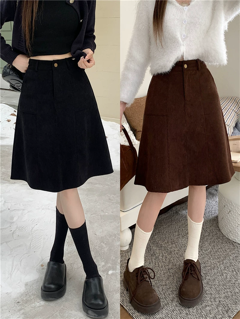 Váy midi nữ cỡ lớn, kiểu dáng mới thu đông, cạp cao, thon gọn, che bụng, dáng chữ A, ôm hông, váy ngắn bằng vải nhung.