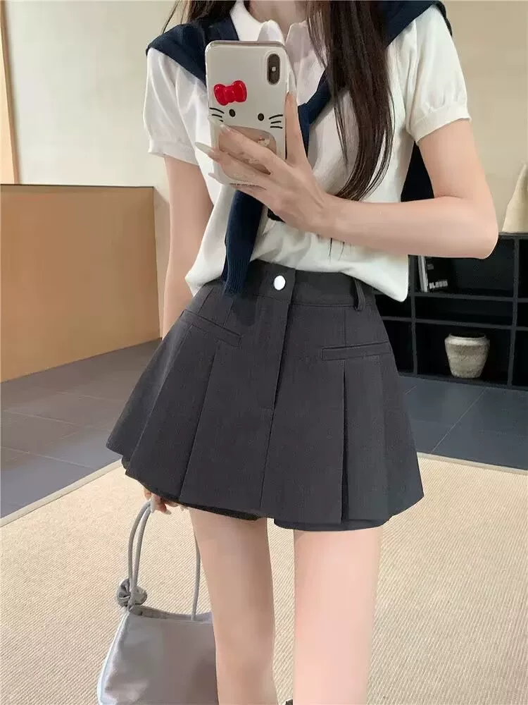 Quần váy xếp ly màu xám dành cho nữ, quần váy không đều mùa hè, cỡ lớn, eo cao, giảm béo, váy ngắn chữ A chống lộ