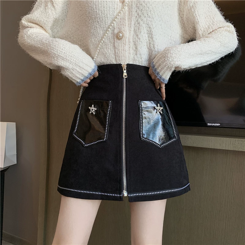 Váy ngắn một mảnh màu đen cỡ lớn dành cho nữ, mùa thu đông, lưng cao, thon gọn, có khóa kéo, váy bút chì, váy chữ A ôm hông.