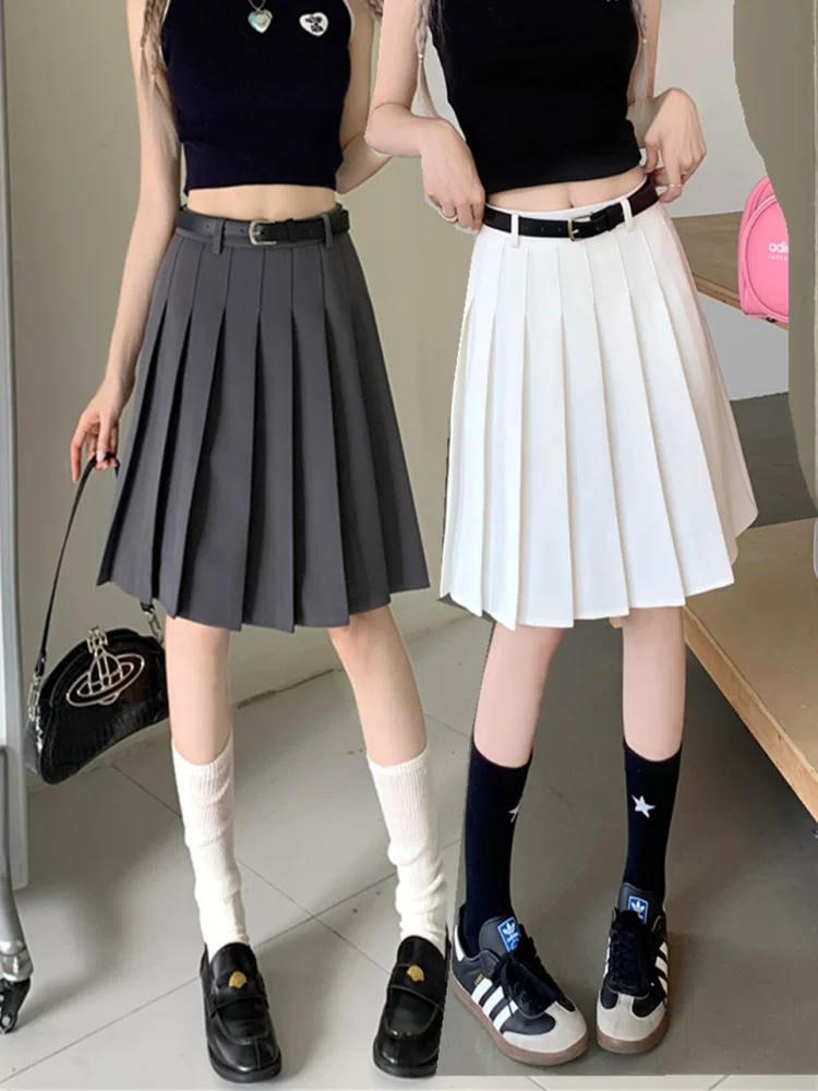 Váy xếp ly màu xám cỡ lớn dành cho nữ, dài ngang đùi, thiết kế cao cấp mùa hè, tôn dáng, kiểu dáng preppy, dáng chữ A.