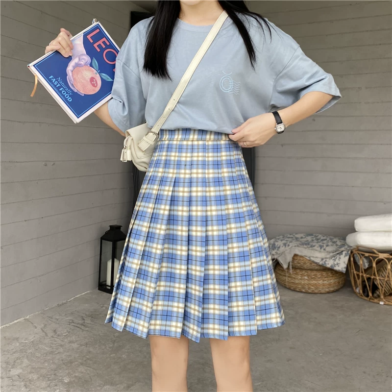 Váy xếp ly cao eo kẻ ca rô dáng dài trung bình dành cho nữ mập (cỡ lớn) váy xòe kiểu học sinh JK dáng chữ A váy bm