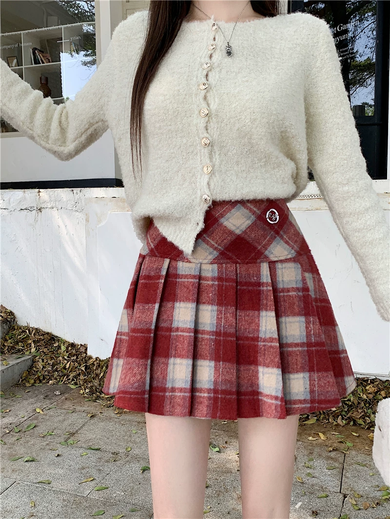 Váy len kẻ sọc đỏ cổ điển kiểu Mỹ dành cho nữ trong mùa thu đông, váy chữ A cạp cao tôn dáng, váy che hông, váy ngắn