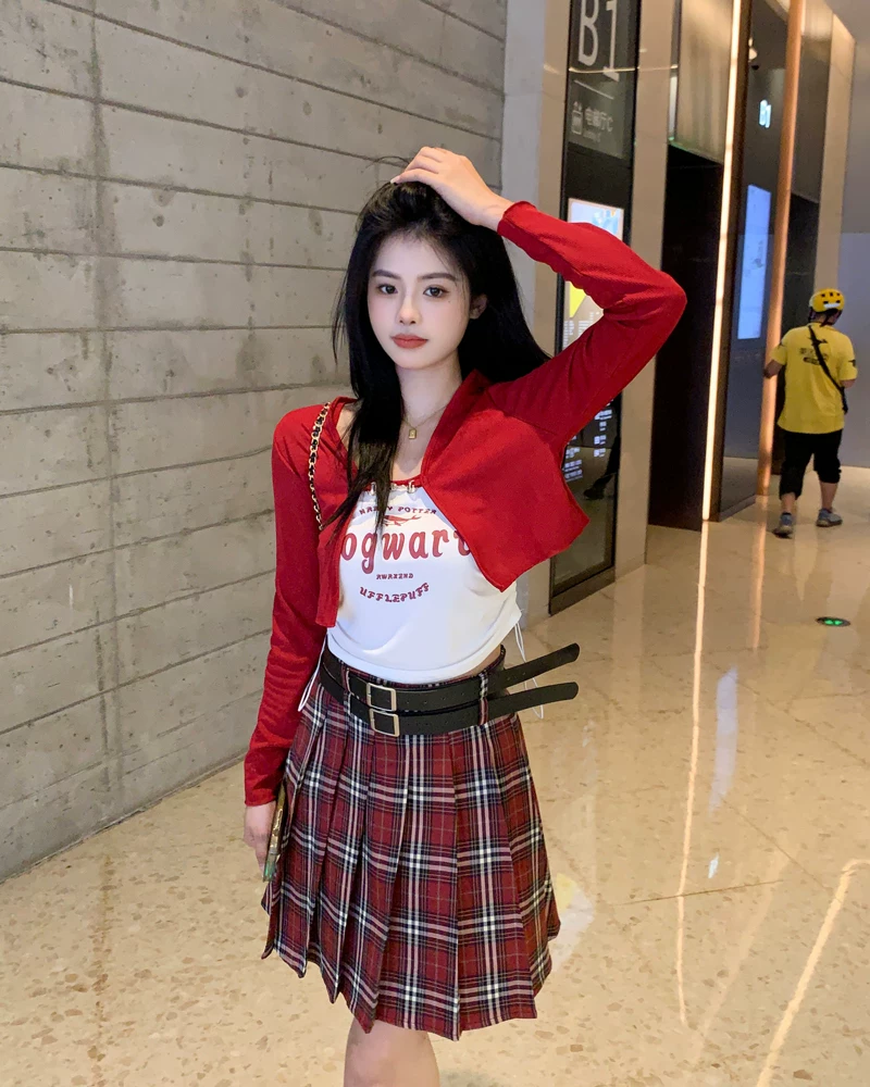 Váy xếp ly kẻ sọc đỏ cỡ lớn dành cho nữ mùa hè, lưng cao, tôn dáng, váy ngắn chữ A phong cách preppy, váy JK chống lộ.