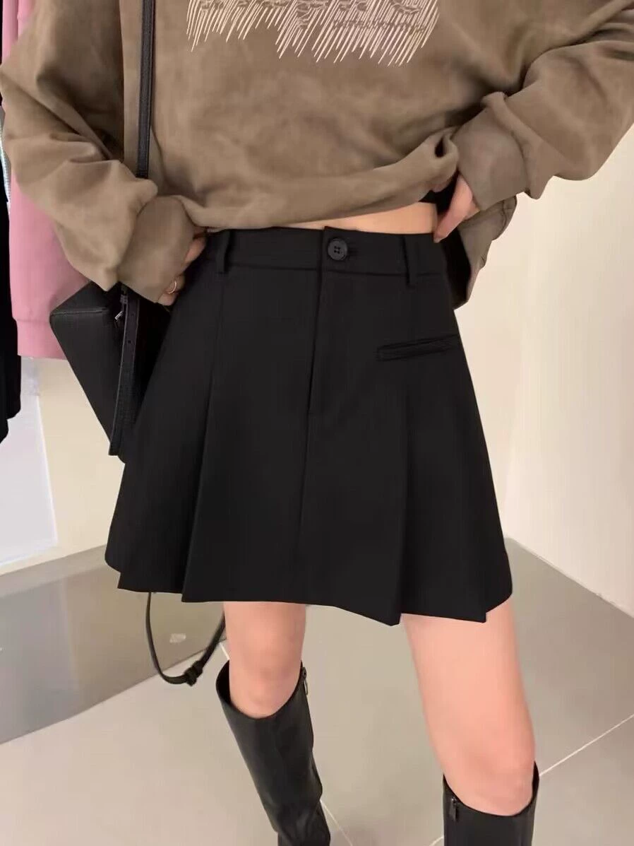Váy len dày màu xám xếp ly váy ngắn dành cho nữ mùa thu đông cỡ lớn eo cao phong cách preppy Váy chữ A chống lộ váy nửa thân