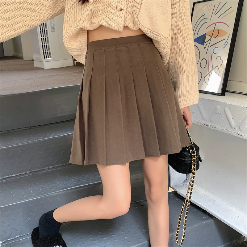 Váy xếp ly màu kaki dành cho nữ, váy len màu xám phong cách preppy mùa thu đông, váy chữ A cạp cao thon gọn, váy ngắn