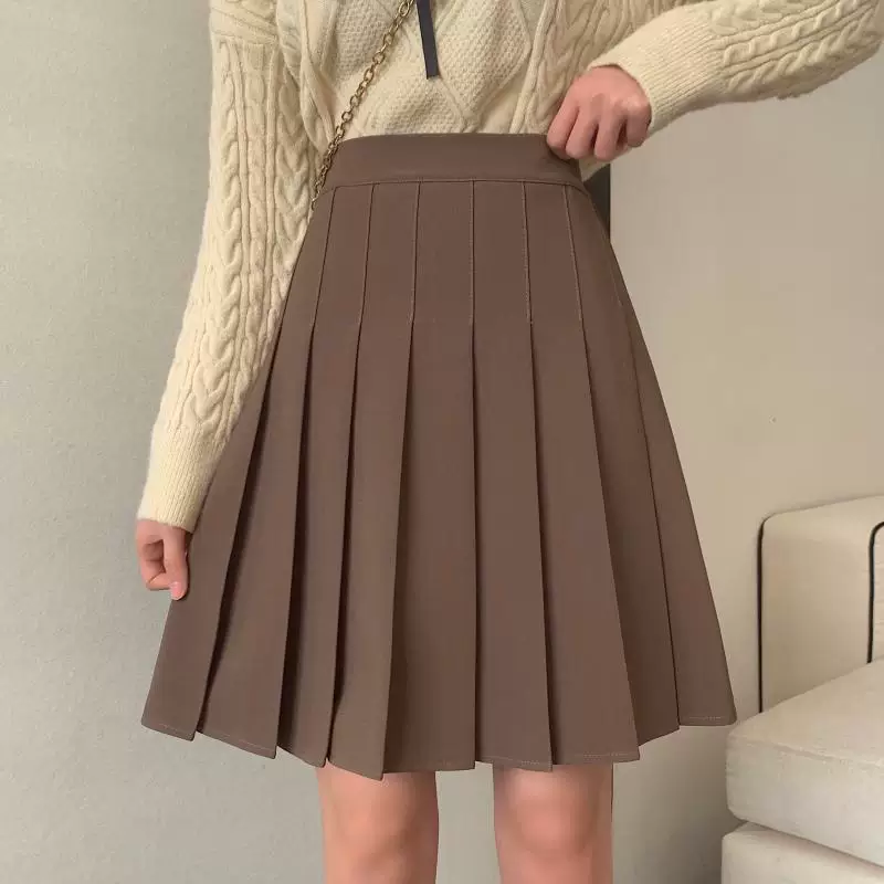 Váy xếp ly dài vừa phải cỡ lớn dành cho nữ, mùa xuân hè, váy chữ A cạp cao che hông, kiểu học sinh, chống lộ, váy phồng.