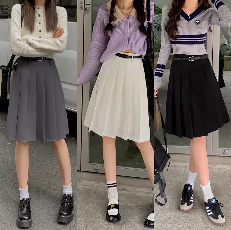 Váy xếp ly màu xám dành cho nữ, mùa xuân hè, dài vừa phải, cỡ lớn, lưng cao, tôn dáng, váy chữ A phồng, váy kiểu preppy.