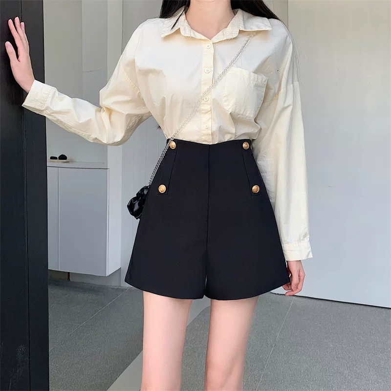 Quần short vest đen nữ, quần short mùa hè cạp cao dáng A, quần rộng ống rộng dáng A suông mỏng tôn dáng