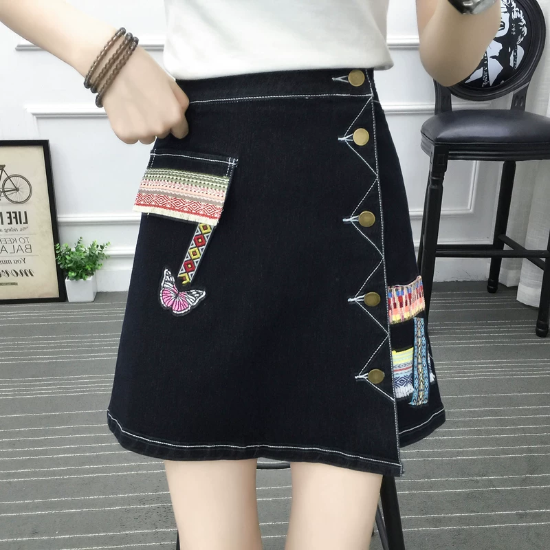 Váy denim không đều kiểu dáng cho nữ, phong cách Hàn Quốc mùa hè, cỡ lớn, lưng cao, thon gọn, váy ngắn thêu, váy chữ A dành cho học sinh, váy nửa thân.