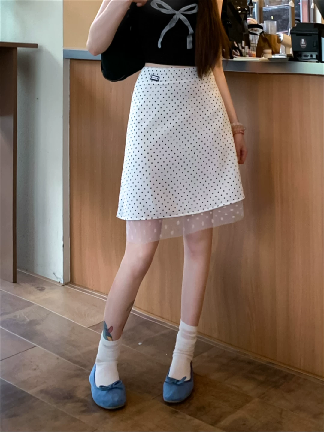 Váy lưới chấm bi kiểu Pháp dành cho nữ, váy ngắn ôm sát dáng chữ A cạp cao tôn dáng mùa hè với thiết kế độc đáo, váy dài vừa phải.