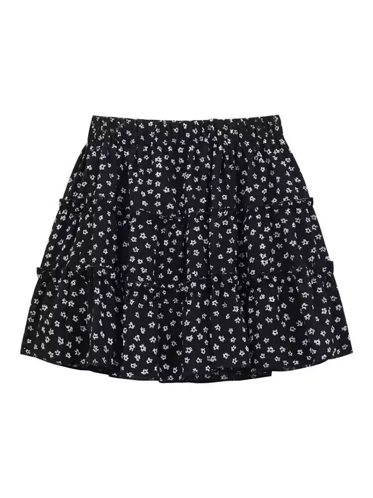 Váy hoa chấm bi cổ điển dành cho nữ mùa xuân hè váy đen cạp cao phồng kiểu bánh váy ngắn váy xếp nếp váy chữ A