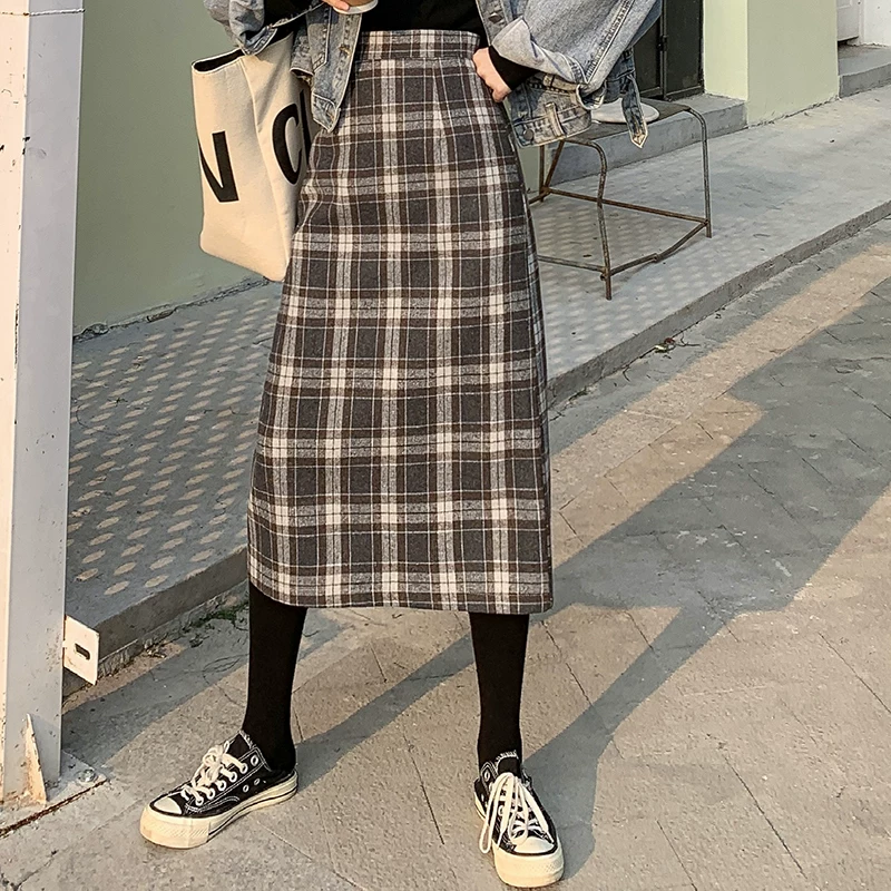 Váy midi len cỡ lớn dành cho nữ, mùa thu đông, cạp cao, xẻ tà, tôn dáng, dáng chữ A, kẻ sọc, kiểu bút chì.