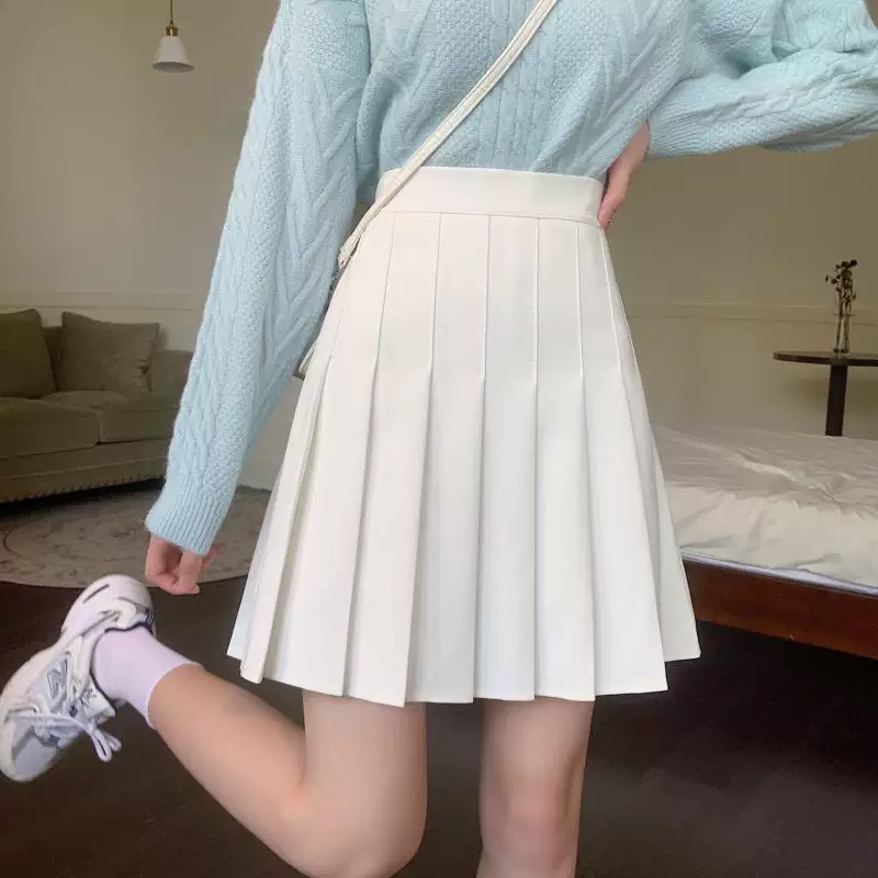 Váy xếp ly màu trắng dành cho nữ, váy dài vừa phải cho mùa xuân hè, cỡ lớn, lưng cao, chống lộ, váy ngắn JK, váy nửa thân thon gọn.