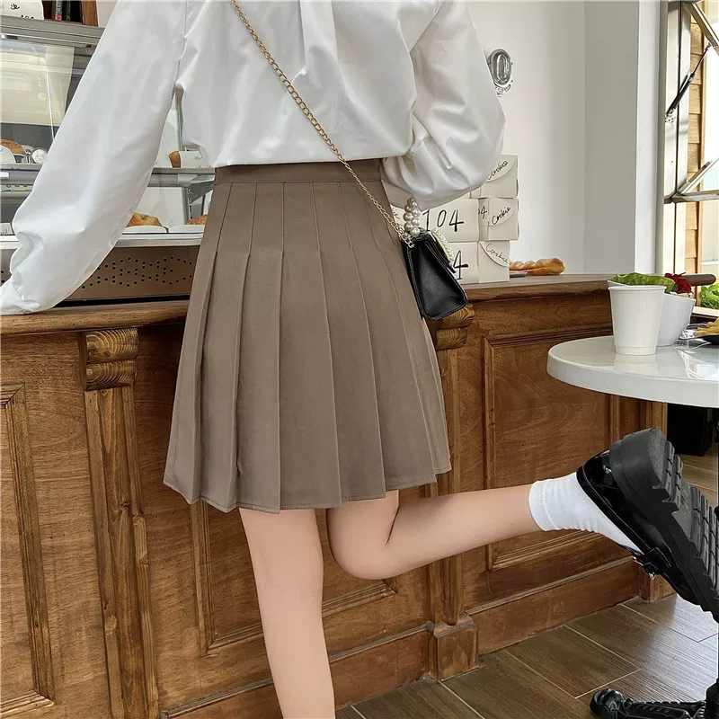 Váy xếp ly màu kaki cỡ lớn, váy chữ A cạp cao giảm béo mùa hè dành cho nữ, phong cách đại học, váy ngắn dành cho phụ nữ cỡ lớn, váy vest.