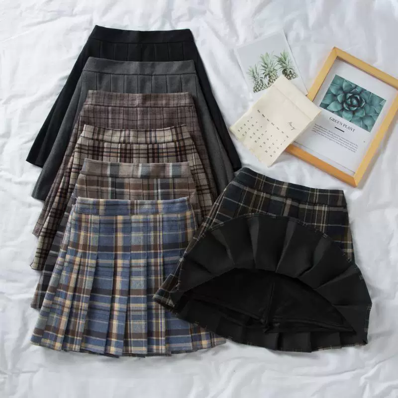 Váy xếp ly, váy kẻ sọc len cỡ lớn, váy chữ A che hông lưng cao dành cho nữ mùa thu đông, váy ngắn học sinh giảm béo