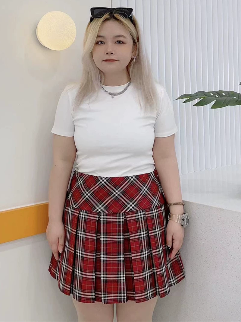 Váy xếp ly kẻ sọc đỏ cỡ lớn dành cho nữ, váy ngắn chữ A cạp cao theo phong cách cổ điển Mỹ, váy ngắn tôn dáng.