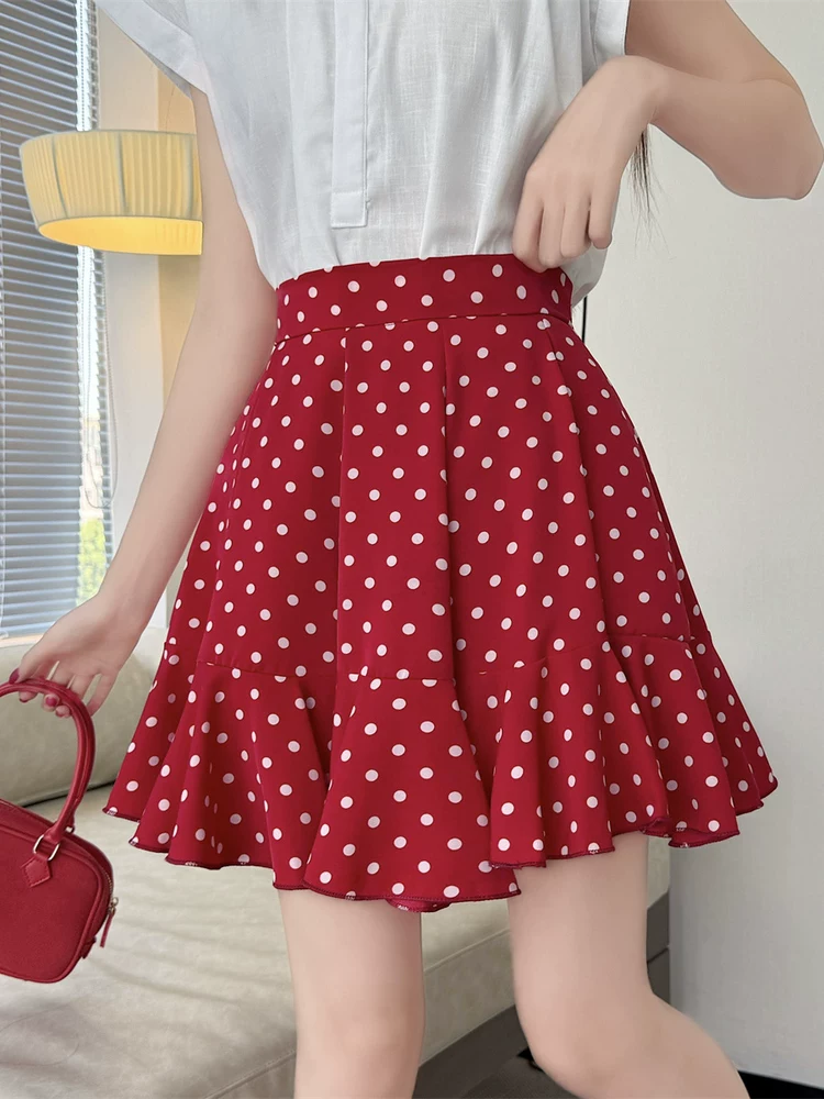Váy ngắn đuôi cá bằng vải voan chấm bi màu đỏ, váy dù che hông cỡ lớn mùa hè, váy chữ A xếp nếp nhỏ nhắn