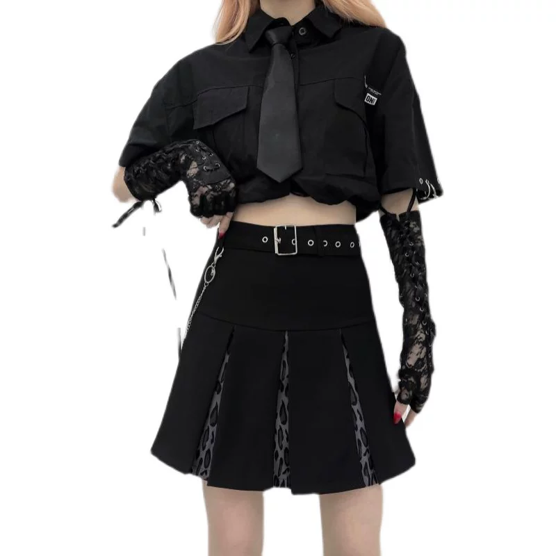 Váy xếp ly ngọt ngào và mát mẻ dành cho nữ, váy chữ A cạp cao cỡ lớn, váy đồng phục kiểu học sinh JK, váy công sở có dây xích, váy ngắn.