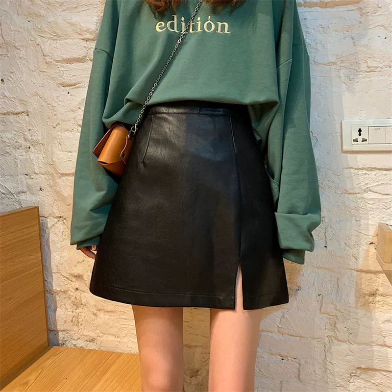 Váy da PU mùa thu đông, phong cách Hàn Quốc, cỡ lớn, lưng cao, xẻ tà, váy bút chì ôm sát, váy ngắn chữ A cỡ lớn dành cho học sinh.