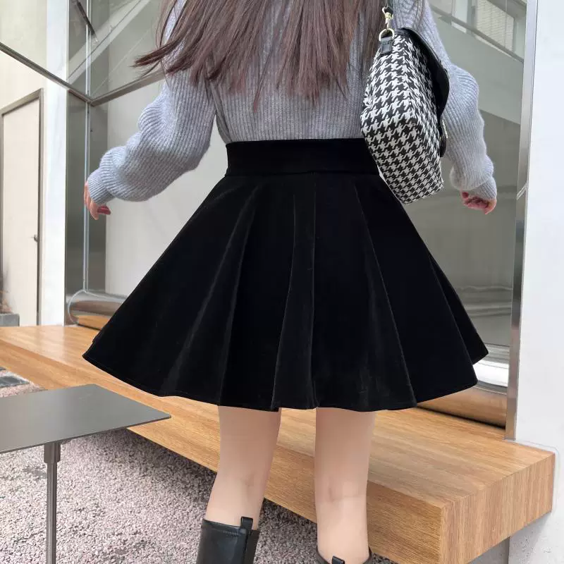 Váy nhún bèo nhung đen cỡ lớn mùa thu đông, kiểu dáng chữ A dành cho phụ nữ ngoại cỡ, cạp cao, tôn dáng, che hông, váy ngắn bồng bềnh dành cho nữ.