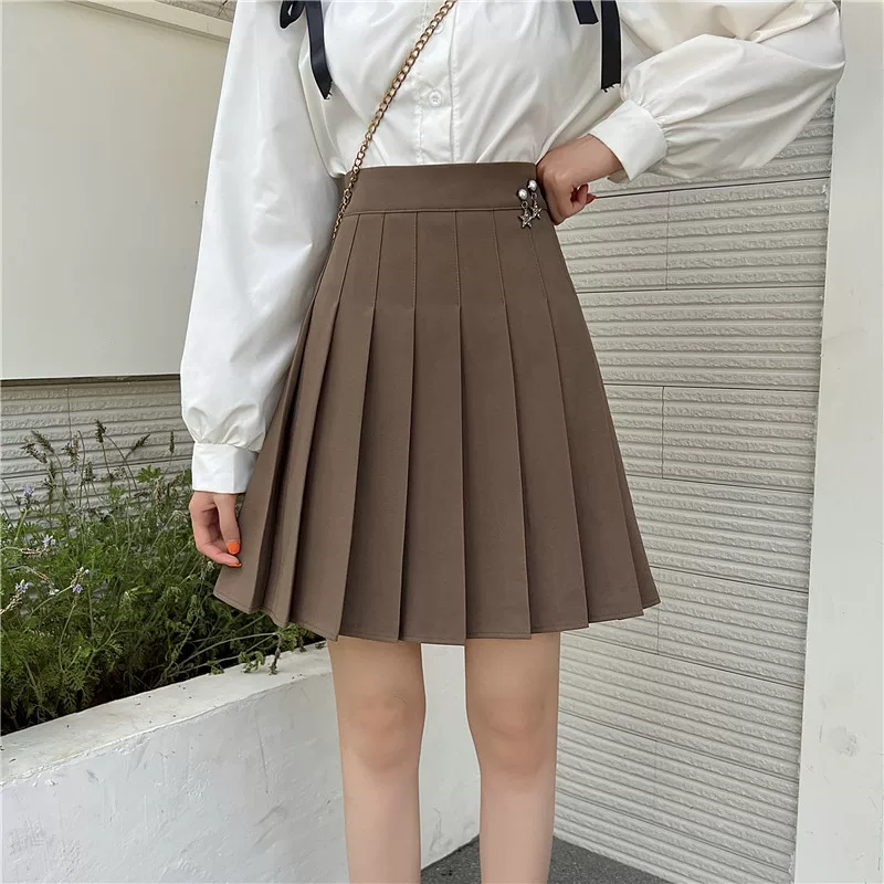 Váy xếp ly màu kaki cỡ lớn, váy chữ A cạp cao giảm béo mùa hè dành cho nữ, phong cách đại học, váy ngắn dành cho phụ nữ cỡ lớn, váy vest.