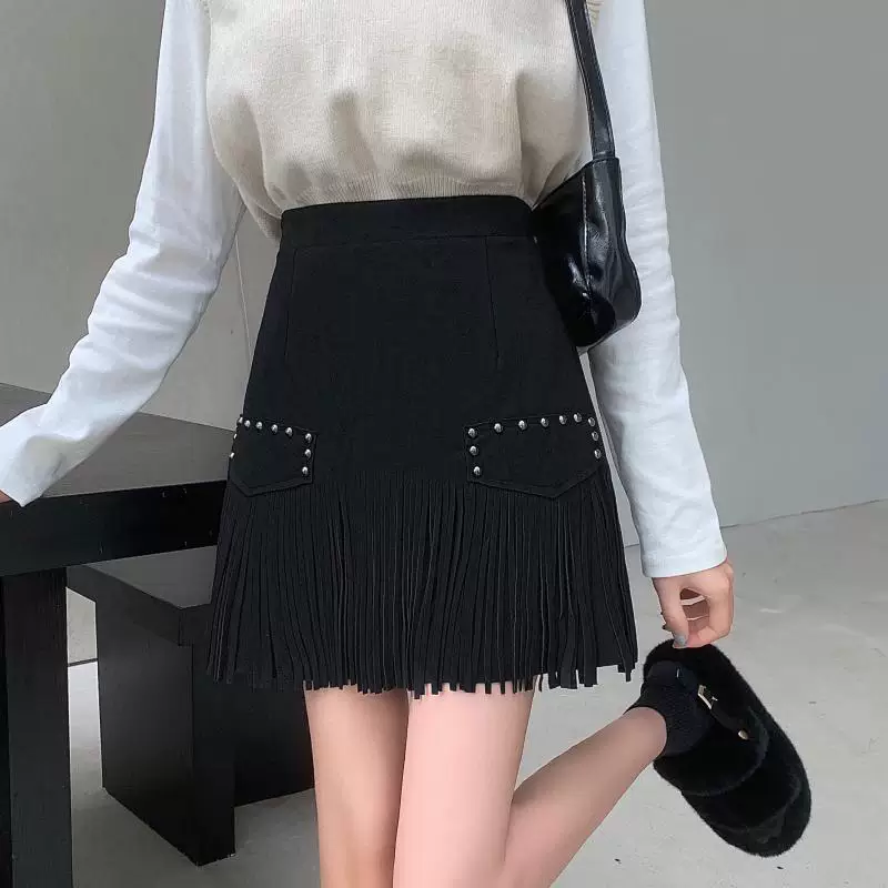 Váy ngắn da lộn lưng cao cỡ lớn dành cho nữ, phong cách Hàn Quốc mới thu đông 2023, váy bút chì dáng chữ A tua rua cỡ lớn.