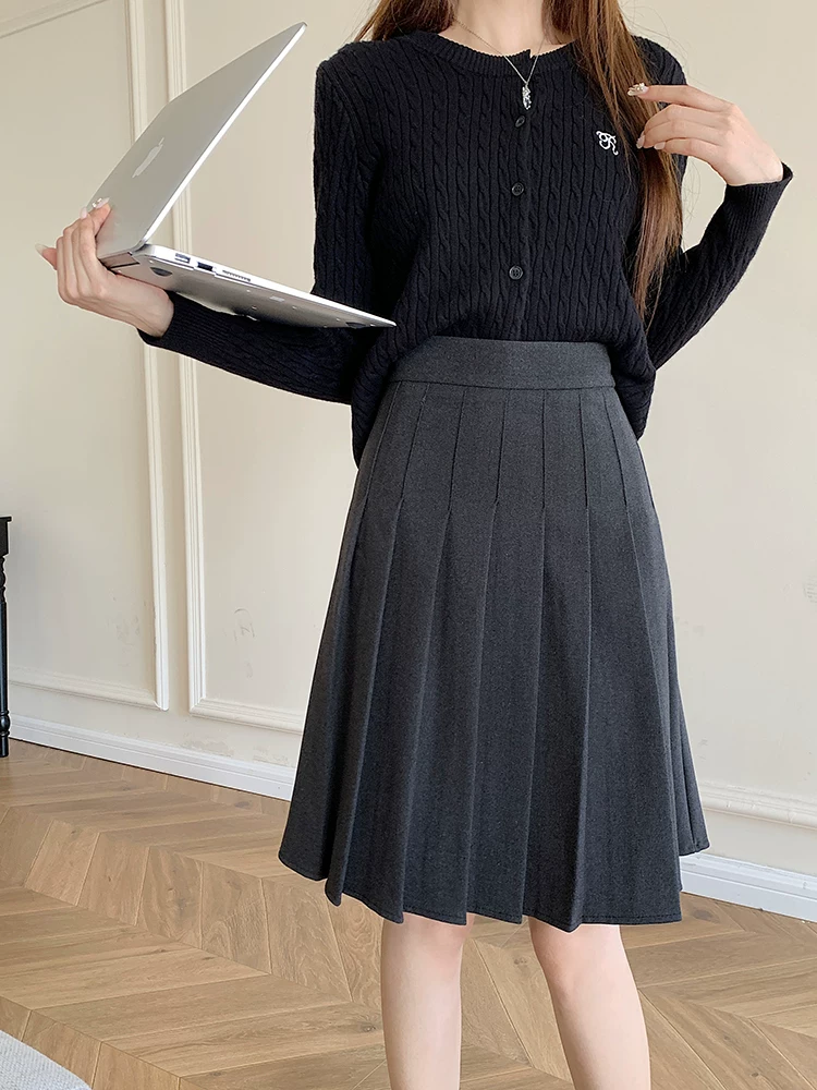 Váy len xếp ly cỡ lớn, váy dài trung bình dành cho nữ, mùa thu đông, lưng cao, phong cách preppy, váy chữ A, váy ngắn thon gọn.