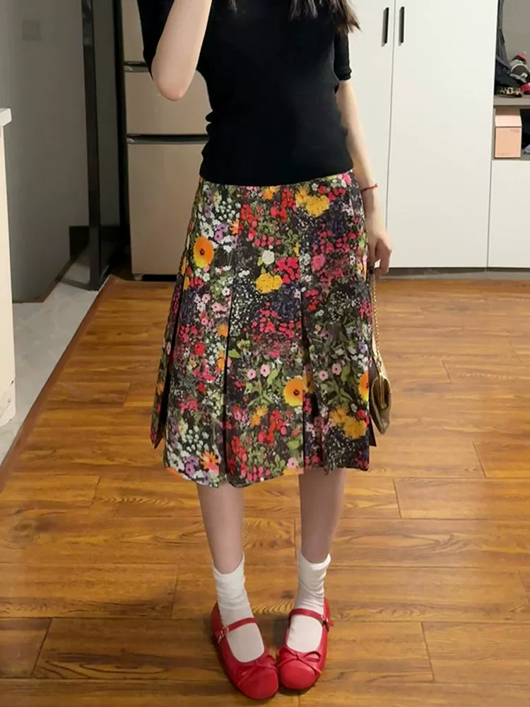 Váy xếp ly in hoa phong cách retro Mỹ cao cấp thanh lịch mùa hè 2025, size lớn, tôn dáng, dài qua gối dành cho nữ