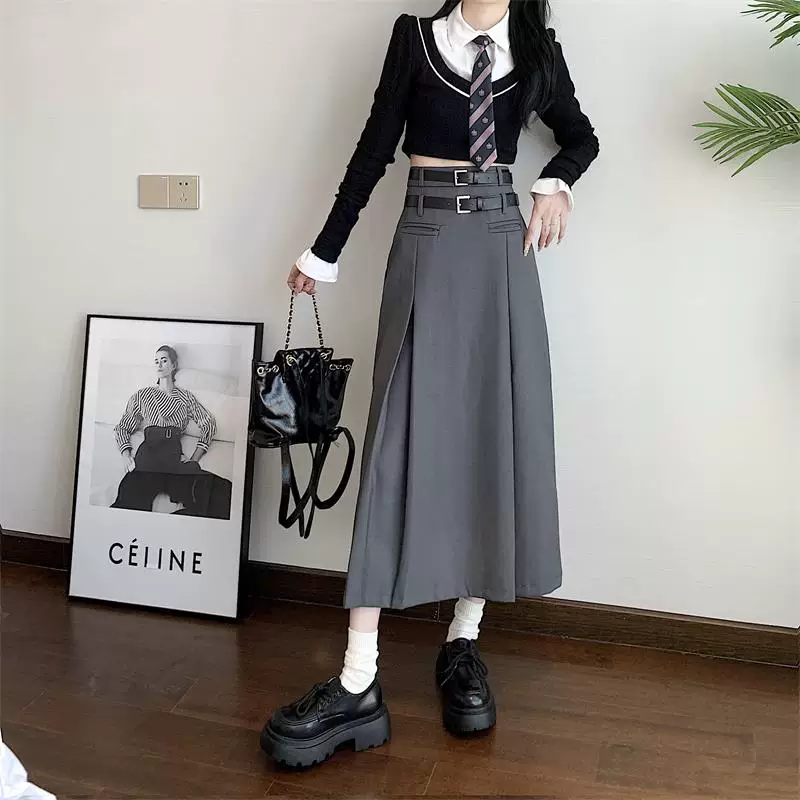 Chân váy midi xếp ly cao eo dành cho nữ, kiểu dáng chữ A màu xám, size lớn, thích hợp mặc đi chơi mùa xuân